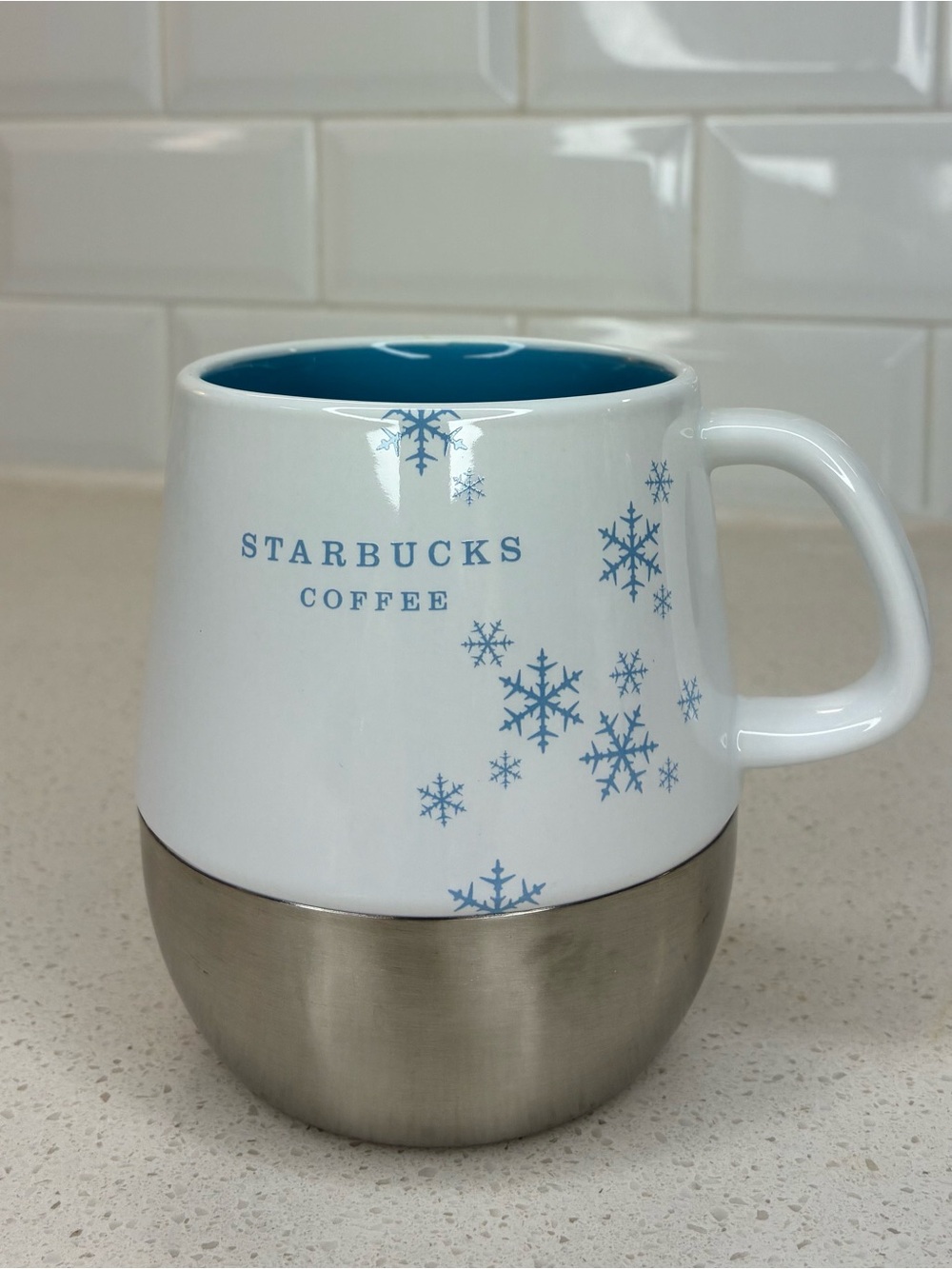 Starbucks 2007 White & Blue Snowflake Ceramic Mug with Stainless Accent